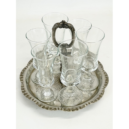 694 - 2 crystal drinks sets on silver plated trays. Largest 23 x 23cm