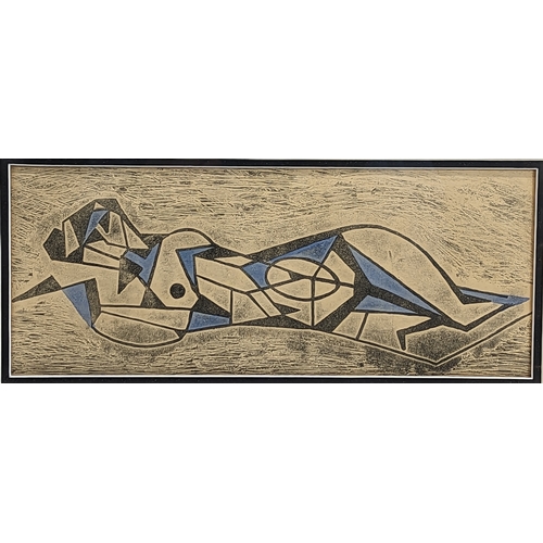 152 - An original, unattributed, French, hand coloured woodblock of reclining nude in the Cubist style, ci... 