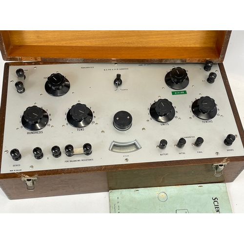 238 - A vintage portable Wheatstone Bridge Resistance Box. Scientific Instruments. By PYE & Co LTD. 50.5 x... 