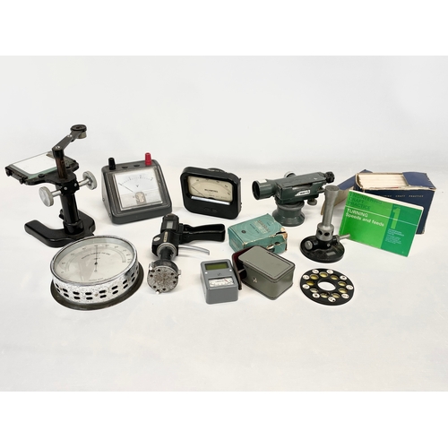 247 - A quantity of scientific laboratory equipment. Watts Theodolite, BS Halematic, Universal microscope ... 