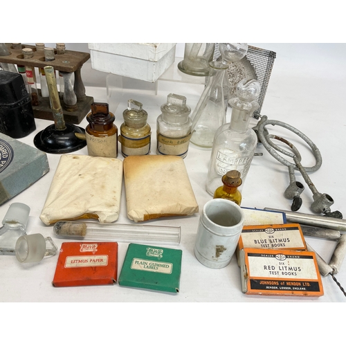 272 - A quantity of vintage chemical and laboratory equipment. Including a Dr Macaura’s Blood Circulator.