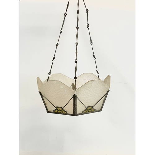 281 - An early 20th century light fitting with glass and stained glass panels. 38.5x17.5cm