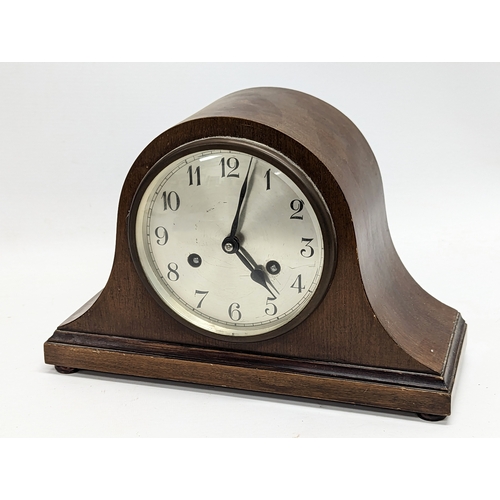 639 - A vintage Smiths mantle clock with 1 other mantle clock and oak barometer.