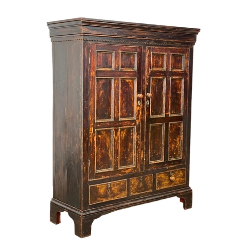 798 - A superb Irish George III pine press, with original scumble paint, 3 drawers and fitted shelves. Geo... 