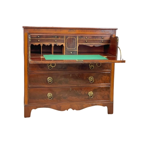 805 - A George IV inlaid mahogany secretaire chest of drawers, with brass drop ring handles and on bracket... 