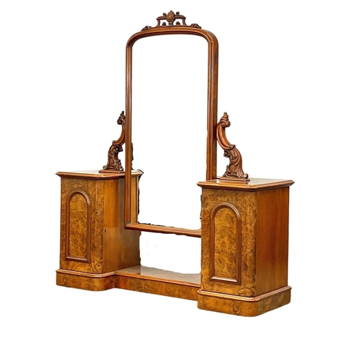 808 - A Victorian Burr Walnut pedestal cheval dressing table, with 4 interior drawers. 152.5 x 49.5 x 180.... 