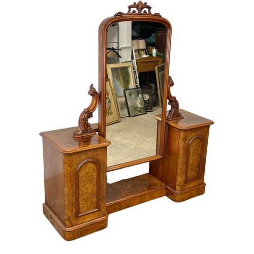 808 - A Victorian Burr Walnut pedestal cheval dressing table, with 4 interior drawers. 152.5 x 49.5 x 180.... 