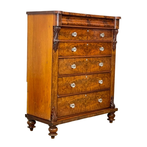 819 - A large Victorian flamed mahogany chest of drawers, with original glass handles. Circa 1860-1870. 12... 