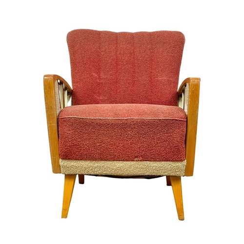 903 - A 1950’s Mid Century continental solid beech framed armchair, with original 2 tone upholstery. 67 x ... 