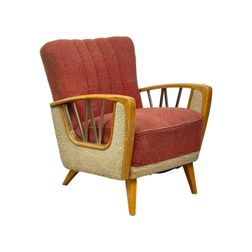 903 - A 1950’s Mid Century continental solid beech framed armchair, with original 2 tone upholstery. 67 x ... 