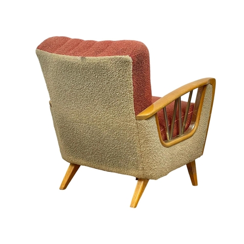 903 - A 1950’s Mid Century continental solid beech framed armchair, with original 2 tone upholstery. 67 x ... 