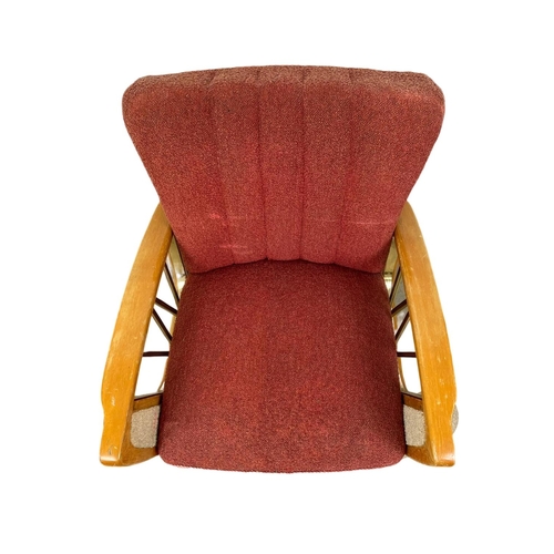 903 - A 1950’s Mid Century continental solid beech framed armchair, with original 2 tone upholstery. 67 x ... 