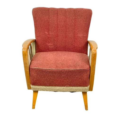 903 - A 1950’s Mid Century continental solid beech framed armchair, with original 2 tone upholstery. 67 x ... 