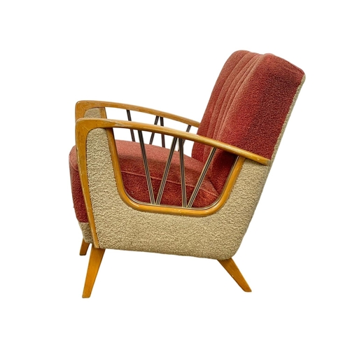 903 - A 1950’s Mid Century continental solid beech framed armchair, with original 2 tone upholstery. 67 x ... 