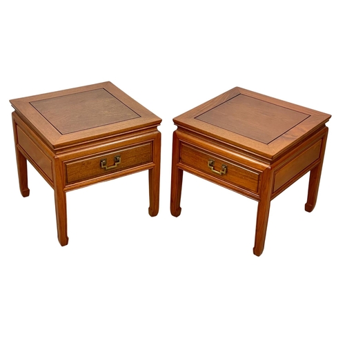 944 - A pair of Chinese teak end tables with drawer. 45.5 x 45.5 x 46cm