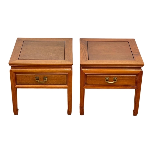 944 - A pair of Chinese teak end tables with drawer. 45.5 x 45.5 x 46cm