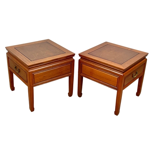 944 - A pair of Chinese teak end tables with drawer. 45.5 x 45.5 x 46cm