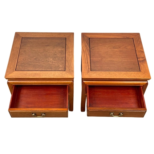 944 - A pair of Chinese teak end tables with drawer. 45.5 x 45.5 x 46cm