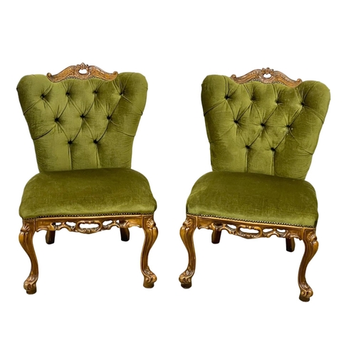 967 - A pair of vintage ornate Italian carved button back cocktail chairs.