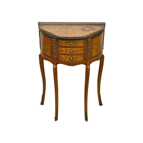 979 - A French 18th century style inlaid Kingwood and Burr Elm side table with brass gallery and 3 drawers... 