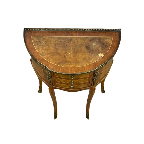 979 - A French 18th century style inlaid Kingwood and Burr Elm side table with brass gallery and 3 drawers... 