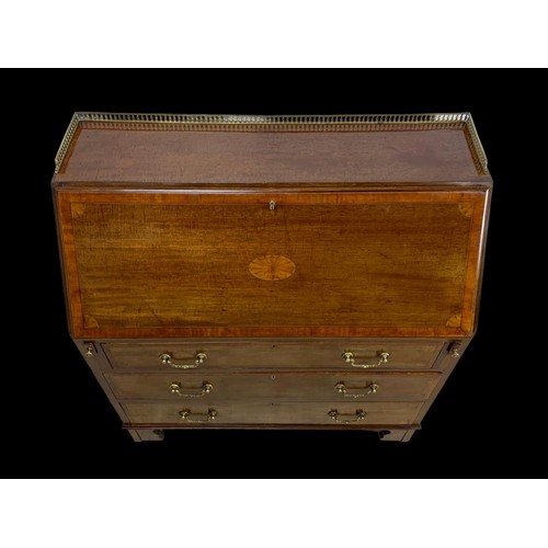 1066 - A late Victorian Sheraton revival inlaid mahogany writing bureau with brass gallery. 91 x 42 x 99.5c... 