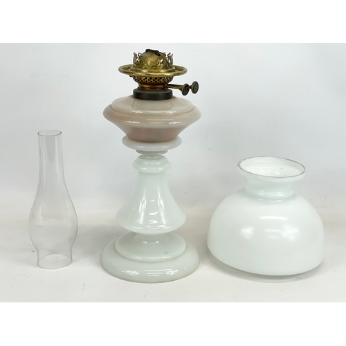 7 - A late 19th century Victorian Milk Glass oil lamp, with double burner. By Wright & Butler. Duplex. 6... 
