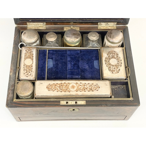 10 - A 19th century Victorian brass inlaid rosewood vanity box, with contents. 31 x 23 x 17.5cm