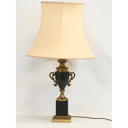 35 - A large Classical style brass and pottery table lamp. Base measures 15 x 15 x 65cm without shade.
