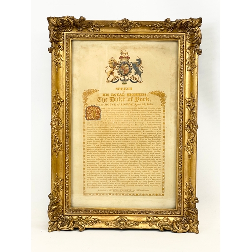 72 - A 19th century Speech of The Duke of York in the House of Lords, April 25, 1825. In gilt Georgian fr... 