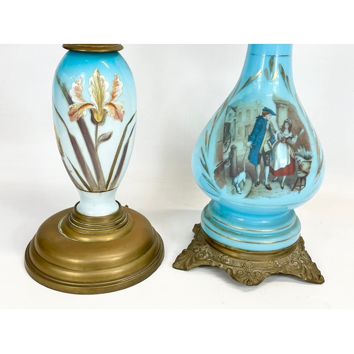 86 - 2 large late 19th century glass and brass converted oil lamps. 59cm