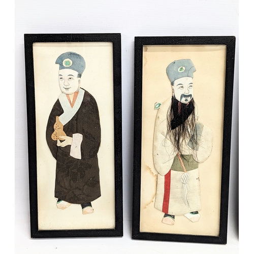 198 - A set of 7 hand painted early 20th century framed Japanese appliques. 15.5x33.5cm