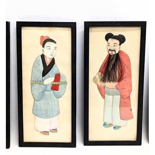 198 - A set of 7 hand painted early 20th century framed Japanese appliques. 15.5x33.5cm