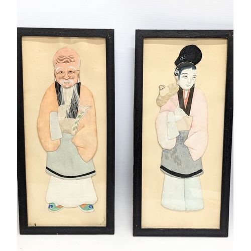 198 - A set of 7 hand painted early 20th century framed Japanese appliques. 15.5x33.5cm