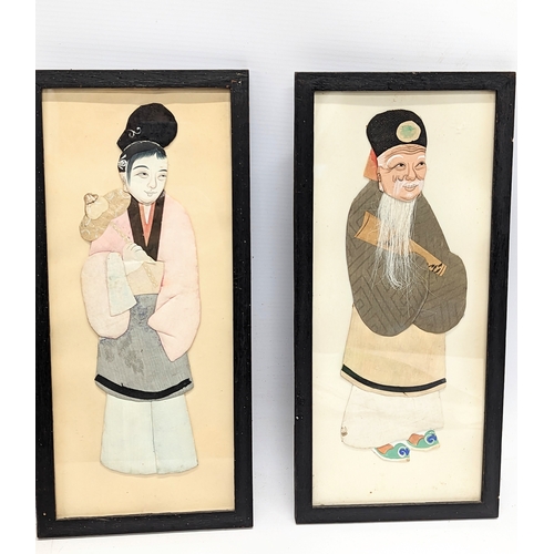 198 - A set of 7 hand painted early 20th century framed Japanese appliques. 15.5x33.5cm