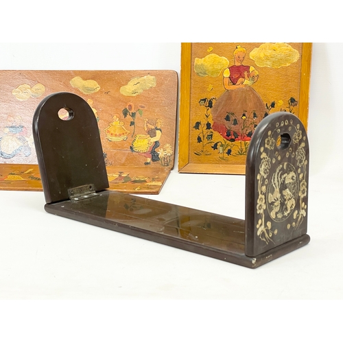 203E - A sundry lot. Including a set of 3 vintage German hand painted wooden plaques, a Chinese brass inlai... 