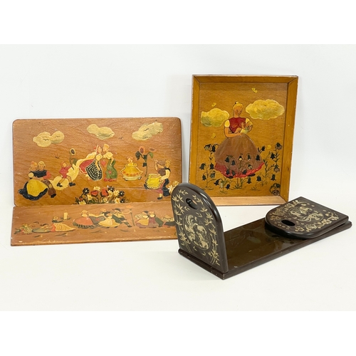 203E - A sundry lot. Including a set of 3 vintage German hand painted wooden plaques, a Chinese brass inlai... 