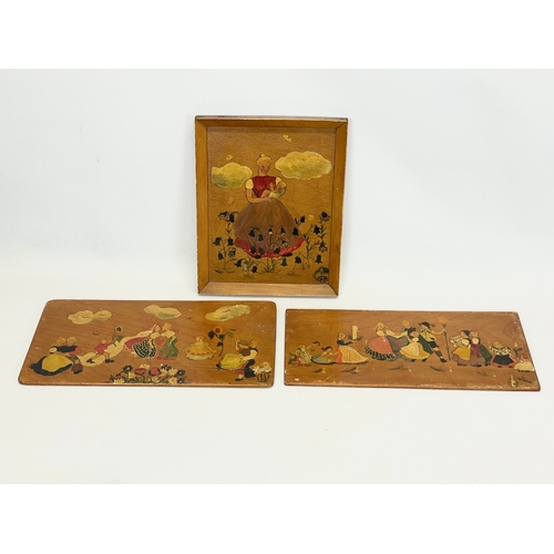 203E - A sundry lot. Including a set of 3 vintage German hand painted wooden plaques, a Chinese brass inlai... 