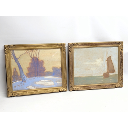 280B - 2 large signed pastel drawings of Canadian winter scenes in Ontario, 1940s, in gilt frames. 60x50.5c... 