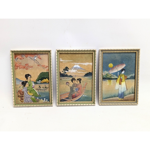 280G - A set of 3 vintage Japanese watercolour paintings. 14.5x20.5cm