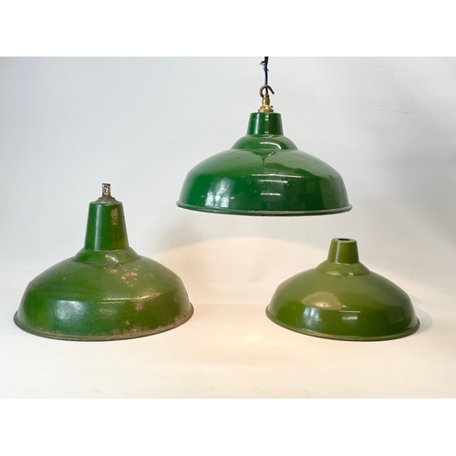 13 - 3 vintage industrial light shades. 1930’s-1940’s. Largest 40x31cm. Pair measures 35x20cm