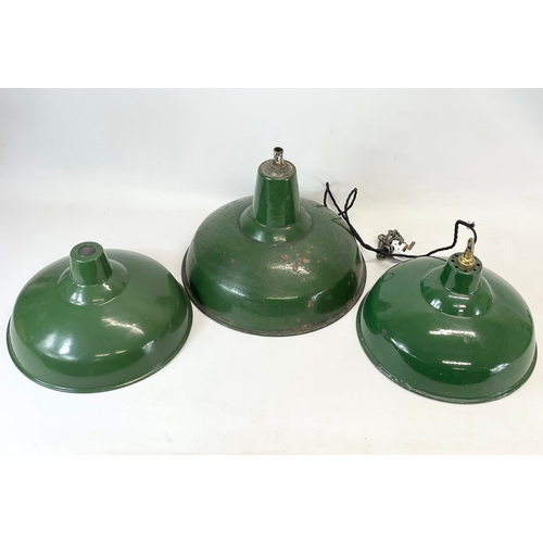 13 - 3 vintage industrial light shades. 1930’s-1940’s. Largest 40x31cm. Pair measures 35x20cm