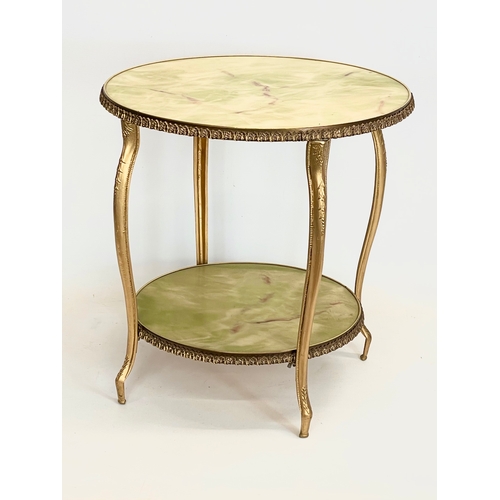 47 - A vintage gilt 2 tier end table with faux onyx tops. 46x48cm