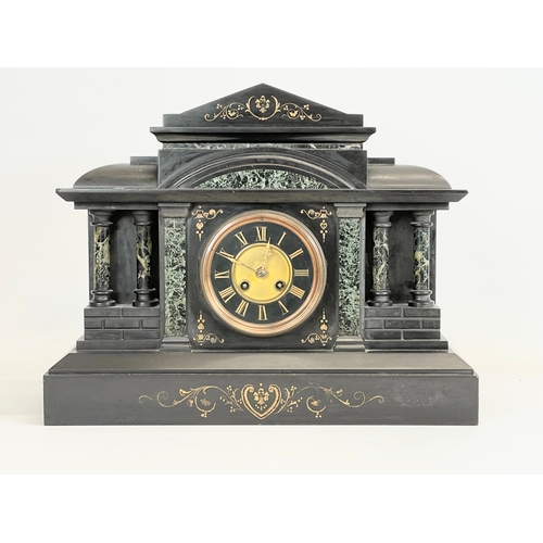 53 - A large Victorian slate and marble mantle clock with pendulum. 45x17x35cm