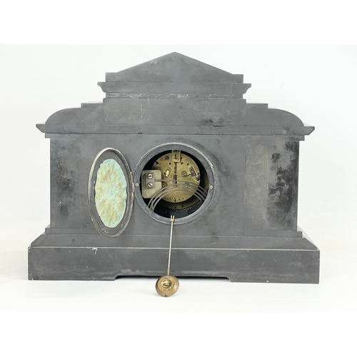 53 - A large Victorian slate and marble mantle clock with pendulum. 45x17x35cm