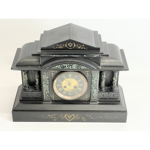 53 - A large Victorian slate and marble mantle clock with pendulum. 45x17x35cm