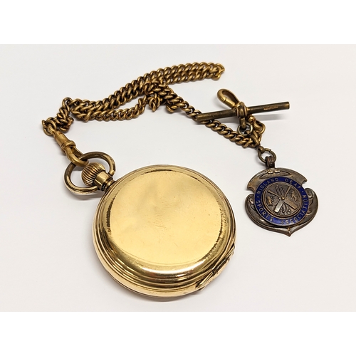 559 - A rolled gold Full Hunter pocket watch and chain by Elgin USA