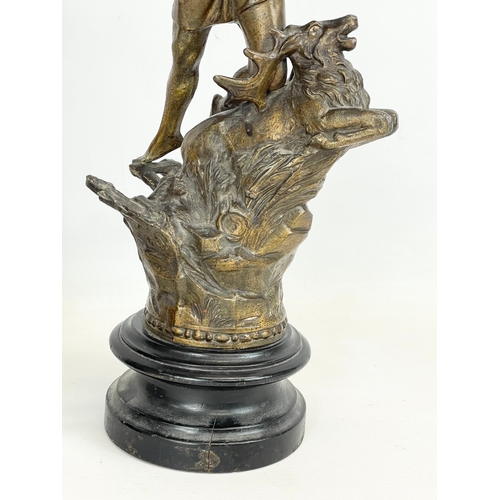 63 - A pair of late 19th century Spelter figures on wooden bases. 49cm