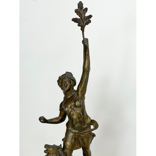 63 - A pair of late 19th century Spelter figures on wooden bases. 49cm