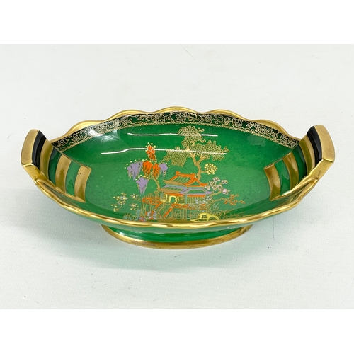 409 - 2 1930’s Carlton Ware ‘Vert Royale’ lustre Art Deco dishes, 1 with Mikado pattern. 17.5x11x5cm